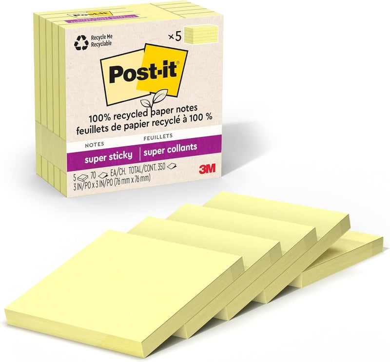 Post It ملاحظات لاصقة فائقة اللصق من ورق معاد تدويره 100%، أصفر كناري، 3 بوصة × 3 بوصة، 5 دفاتر ملاحظات لاصقة، 70 ورقة لكل دفتر، تنظيم السنة الجديدة أو مستلزمات المدرسة للفصل الدراسي الثاني - Image 1